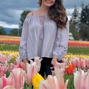 ASTR the label off the shoulder embroidered top